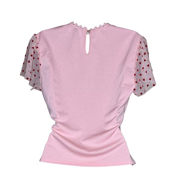 Unique Vintage Pink and Red Hearts Mesh Flutter Sleeve Blouse M 6 8 NWOT - Picture 2 of 6